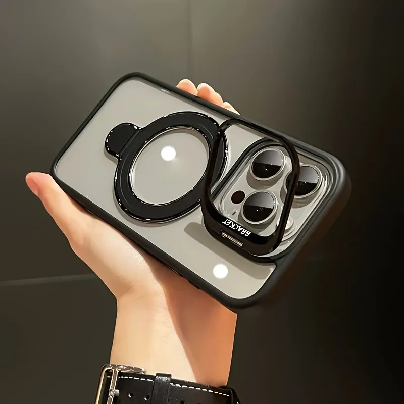 The fashionable hollowed-out lens holder magnetic phone case is suitable for iPhone 11, 12, 13, 14, 15, 16 promax invisible holder phone accessories
