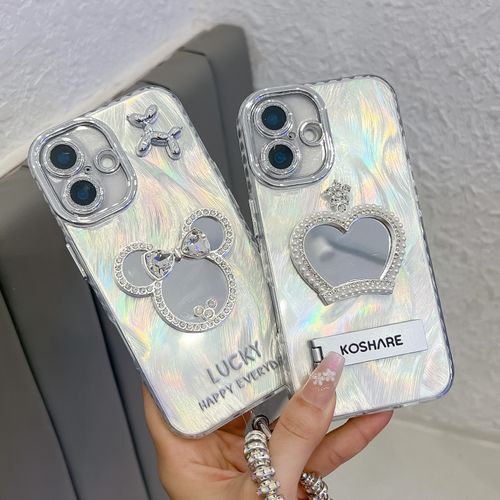 Pearl Crown Mirror for iPhones 11, 12, 13, 14, 15, 16 Pro Max with Full Coverage Lens Film and Silk Fabric Case