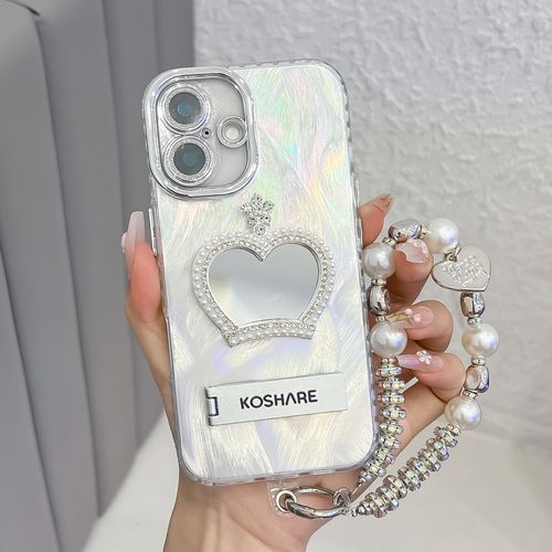 Pearl Crown Mirror for iPhones 11, 12, 13, 14, 15, 16 Pro Max with Full Coverage Lens Film and Silk Fabric Case