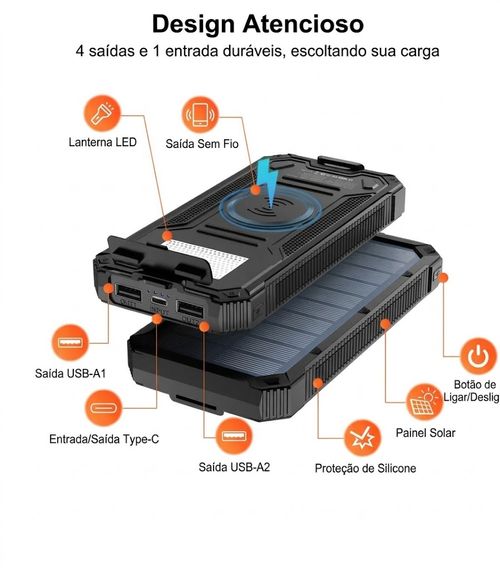☀️🔋Carregador Solar RETMSR 20000mAh | Bateria Externa para Acampamento e Emergências com Lanterna LED (80h de luz) ☀️🔋