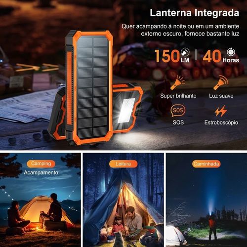 ☀️🔋Carregador Solar RETMSR 20000mAh | Bateria Externa para Acampamento e Emergências com Lanterna LED (80h de luz) ☀️🔋