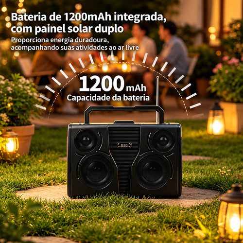 Coluna Bluetooth Portátil para Uso Externo com Energia Solar Áudio de Alta Qualidade Subwoofer Suporte para TF USB e Rádio FM