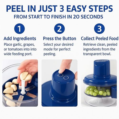 Automatic Grape Peeler – Automatic Garlic Peeler with 20s Fast Peel, 50W Motor, 200mm Blade, Rechargeable 1300mAh, Detachable Easy-Clean, Grape Peeling Machine for Garlic, Tomato, Cherry (Blue)