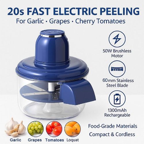 Automatic Grape Peeler – Automatic Garlic Peeler with 20s Fast Peel, 50W Motor, 200mm Blade, Rechargeable 1300mAh, Detachable Easy-Clean, Grape Peeling Machine for Garlic, Tomato, Cherry (Blue)