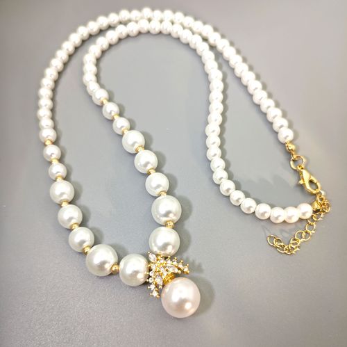 A pearl necklace, a graceful radiance on your neck.  A classic pearl necklace, a timeless expression of elegance.  A string of pearls, illuminating your elegant demeanor.