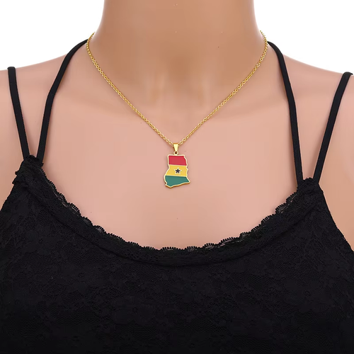 Ghana Map Chain Necklaces Stainless Steel 18K Gold Plated Enamel Ghana National Flag Map Pendant Necklace