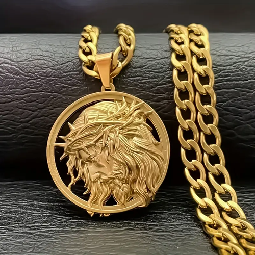Jesus Crown of thorns Men's Necklace 304 Stainless Steel Golden Color Chain Crucifix Medal Male Neckalces Religious Jewelry