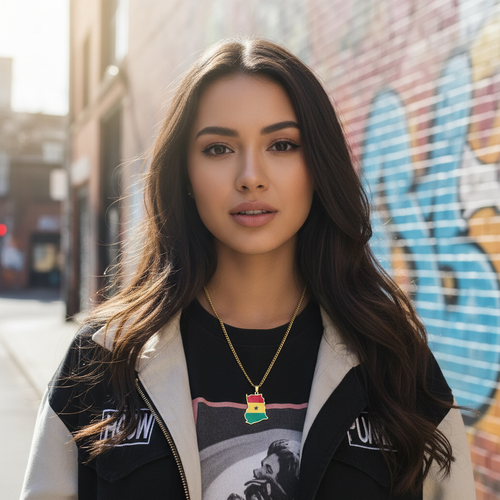 Ghana Map Chain Necklaces Stainless Steel 18K Gold Plated Enamel Ghana National Flag Map Pendant Necklace