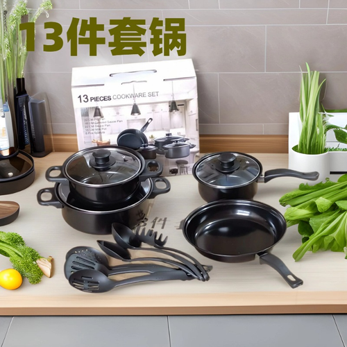 Household Appliances 13 Pieces Black Cast Iron Kitchen Utensils Cooking Tools Non Stick Cookware Set With Pots and Pans Set