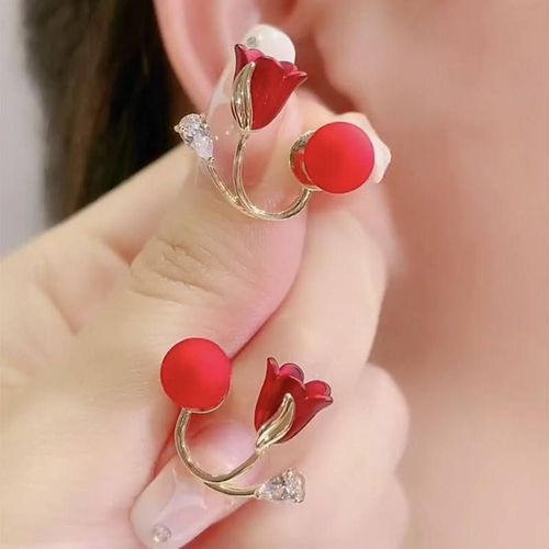 Fashion New Style Red Color Tulip Flower Earrings for Women Versatile Temperament Sweet Earrings