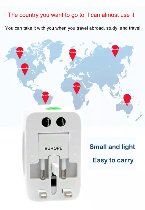 Universal international travel adapter with 2 USB-A output ports and 6A rated current electrical plug for multi-plug travel.