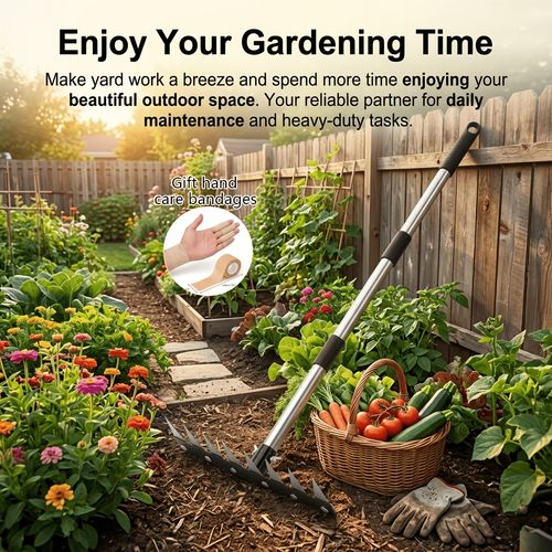 This heavy duty eight-tooth rake, equipped with an adjustable, extended stainless steel handle and hand guards, is a versatile agricultural tool suitable for yard weeding, lawn care, land clearing, and soil tillage.