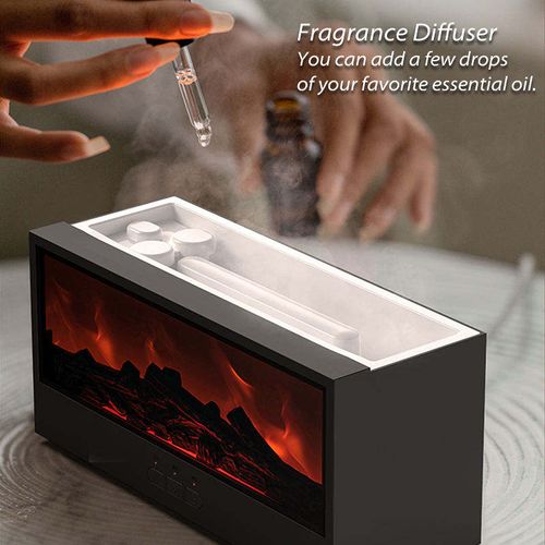 New retro fireplace flame humidifier with 3D simulated fireplace flame diffuser, featuring colored home desktop ambient lighting.