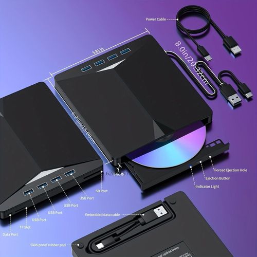 Multifunctional External Optical Drive  DVD Burner, USB 7 in 1 CD Drive, and Type C Expansion Drive