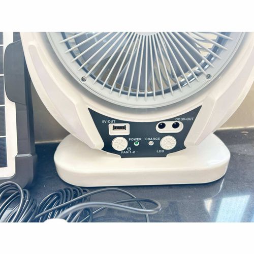 6 inch multi functional LED desk fan with USB AC DC power supply and rechargeable solar power.