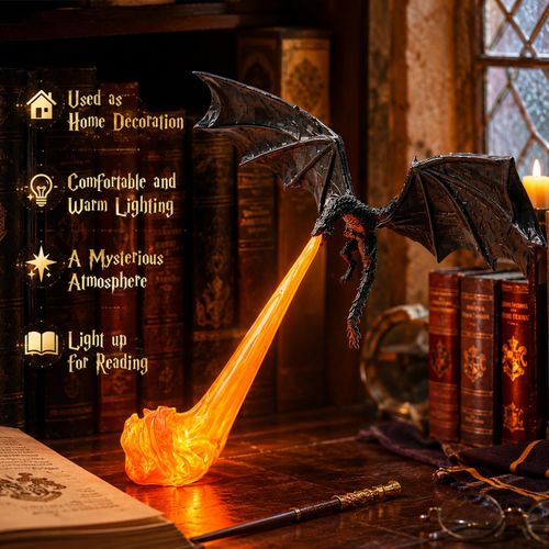 3D Printed Fire-Breathing Fantasy Shelf Decor,Dragon Nook Bookshelf Light, Flying Black Dragon Design with Red Flame,Halloween Shelf Display for Reading Corner,Book Lovers Gift,Reading Room Collection