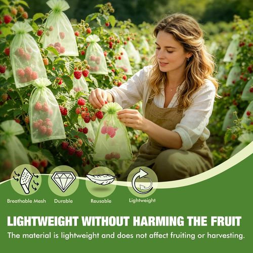 GliSun 100Pcs Fruit Protection Bags 6x9 Inch, Green Mesh Netting Cover with Drawstring Pest Barrier for Grapes Tomato Strawberry Blueberry - Garden Supplies for Vegetables & Fruit Trees