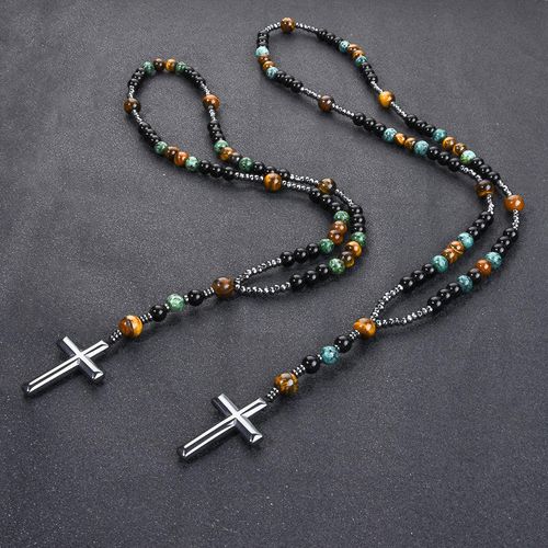 Turquoise, black agate, yellow tiger's eye, Catholic rosary, cross pendant necklace