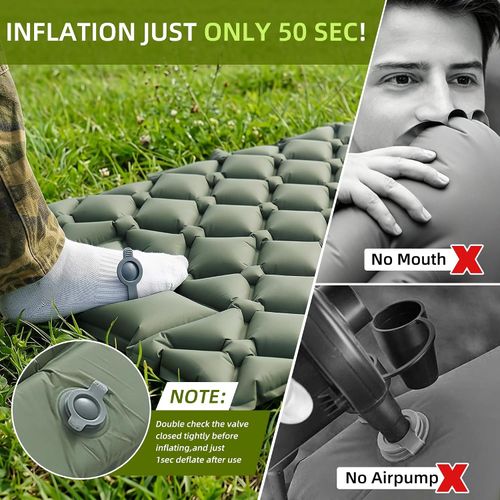 Ultralight Camping Sleeping Mat, Compact Air Mattress for Backpacking and Travel Lightweight at 1.42 lbs, 4.3 x 9 pack, 50 second foot pump, 40D Nylon waterproof and tear-resistant, two piece design, perfect for hiking trips, includes pillow.