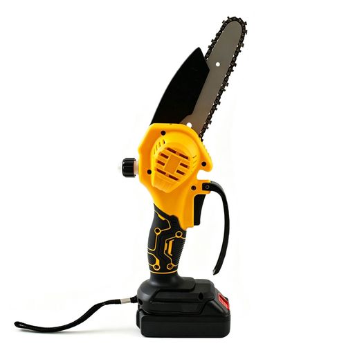 Portable mini battery powered ABS metal garden chainsaw, industrial and DIY grade, for wood cutting.