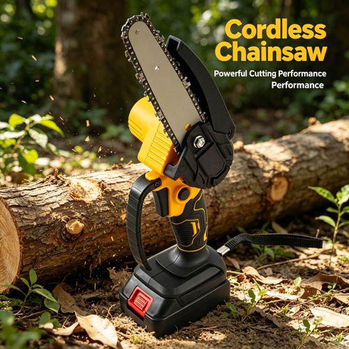 Portable mini battery powered ABS metal garden chainsaw, industrial and DIY grade, for wood cutting.