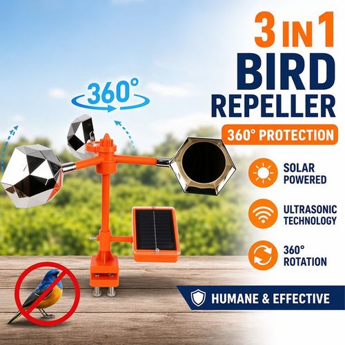 Bird repellent solar-powered large-capacity bird repelling device with 360-degree reflective wind-driven rotation.