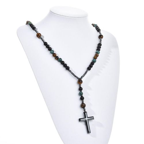 Turquoise, black agate, yellow tiger's eye, Catholic rosary, cross pendant necklace