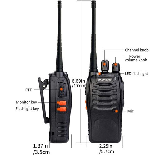High quality professional handheld walkie talkie, 20km range, long distance analog two way radio. Two units per pack.