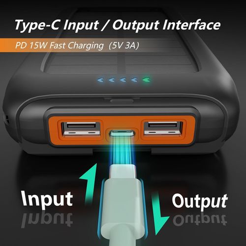 Solar Charger Power Bank  Portable Solar Phone Charger with 2 USB-A & USB-C Ports,  Dual Flashlightfor Camping, Travel & Emergency Backup