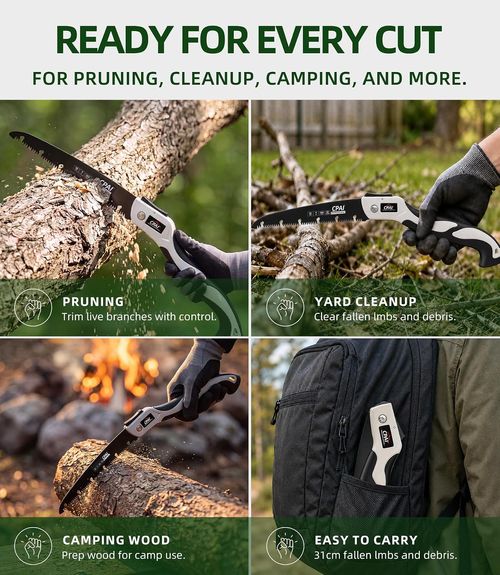 12-Inch Folding Saw, 7 TPI SK5 High-Carbon Steel Pruning Saw Sharp tri-ground teeth, chip-clearing grooves, secure folding lock and soft grip for tree trimming, yard cleanup and camping