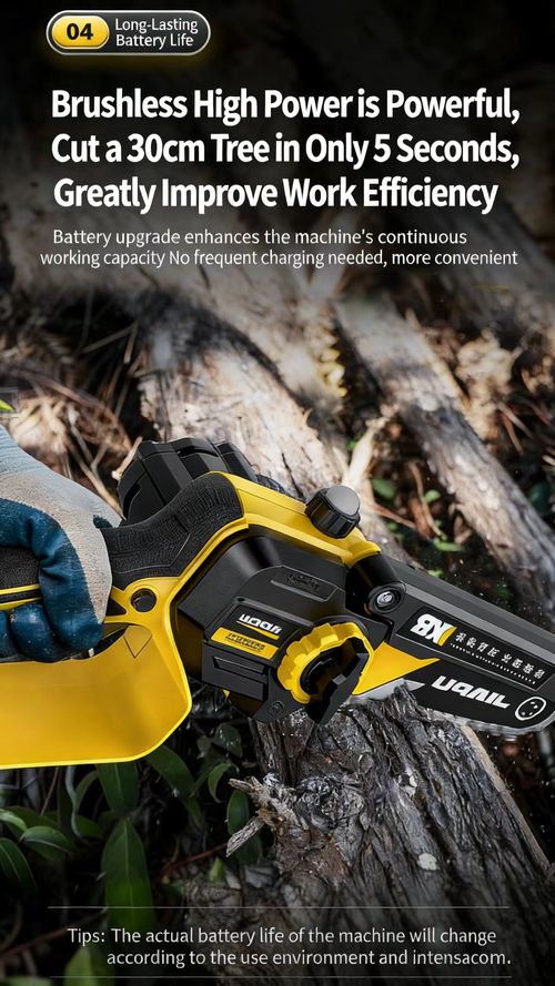 Electric chainsaw, outdoor portable handheld cordless small rechargeable lithium-ion chainsaw, for home use and firewood cutting.