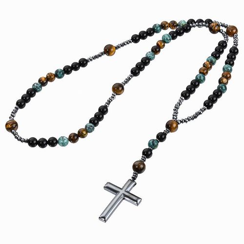 Turquoise, black agate, yellow tiger's eye, Catholic rosary, cross pendant necklace