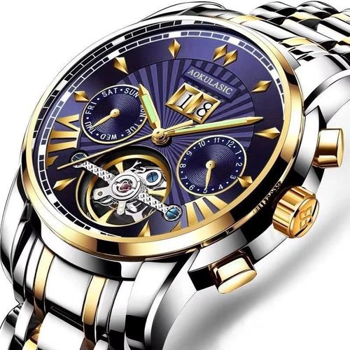 Men's automatic mechanical watch with skeletonized dial and luminous hands.