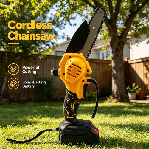 Portable mini battery powered ABS metal garden chainsaw, industrial and DIY grade, for wood cutting.