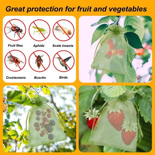 GliSun 100Pcs Fruit Protection Bags 6x9 Inch, Green Mesh Netting Cover with Drawstring Pest Barrier for Grapes Tomato Strawberry Blueberry - Garden Supplies for Vegetables & Fruit Trees