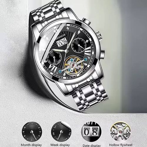 Men's automatic mechanical watch with skeletonized dial and luminous hands.