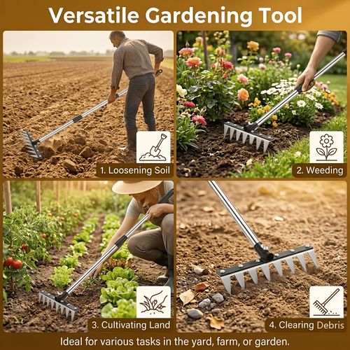 This heavy duty eight-tooth rake, equipped with an adjustable, extended stainless steel handle and hand guards, is a versatile agricultural tool suitable for yard weeding, lawn care, land clearing, and soil tillage.