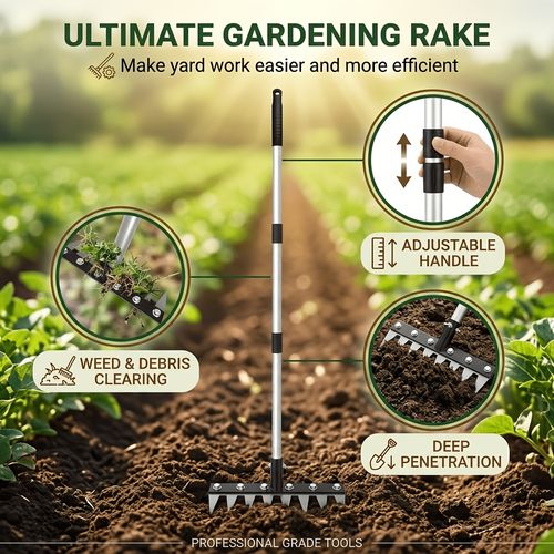 This heavy duty eight-tooth rake, equipped with an adjustable, extended stainless steel handle and hand guards, is a versatile agricultural tool suitable for yard weeding, lawn care, land clearing, and soil tillage.