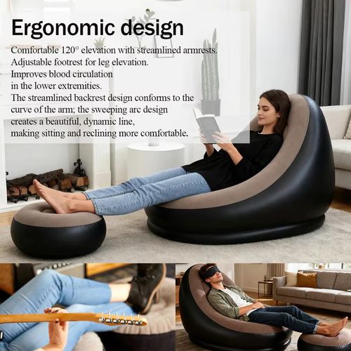 Inflatable sofa set with manual air pump, portable inflatable mattress footrest, suitable for picnics, camping, beach trips, and home use.