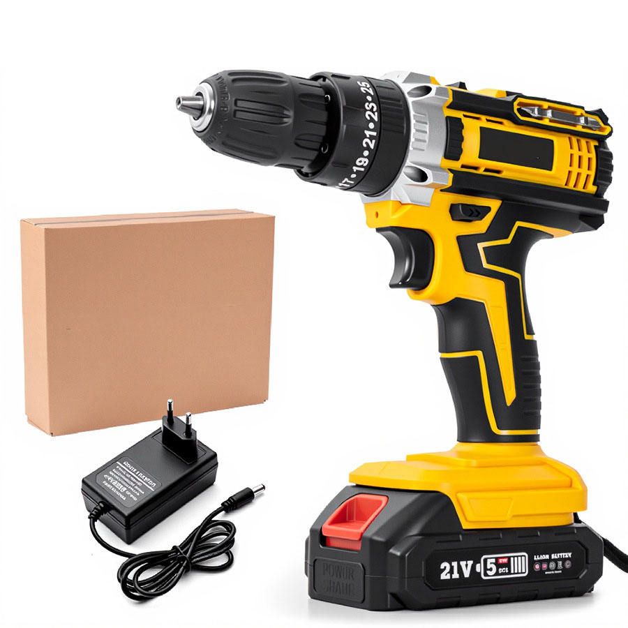 High-power rechargeable electric drill, multi-functional for DIY home and industrial use, with impact function and lithium-ion battery.