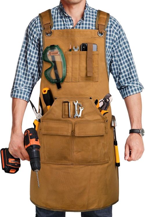 Men's woodworking apron, bib-style work apron with 9 tool pockets  Heavy-duty woodworking workshop apron, 20oz canvas, suitable for carpenters, blacksmiths, etc.