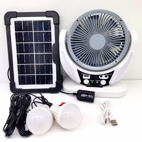 6 inch multi functional LED desk fan with USB AC DC power supply and rechargeable solar power.