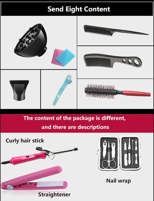 12 piece negative ion hair dryer set, electric hair styling tool set, hair straightener, curling iron, and comb.