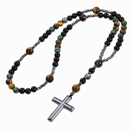 Turquoise, black agate, yellow tiger's eye, Catholic rosary, cross pendant necklace