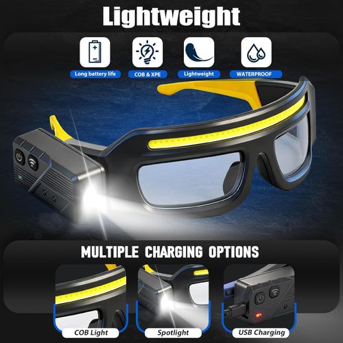 Rechargeable Headlight Glasses,Rechargeable Headlamp,5 Modes Safety Glasses with Light,Waterproof Head Light for Running, Cycling, Camping,Night Work
