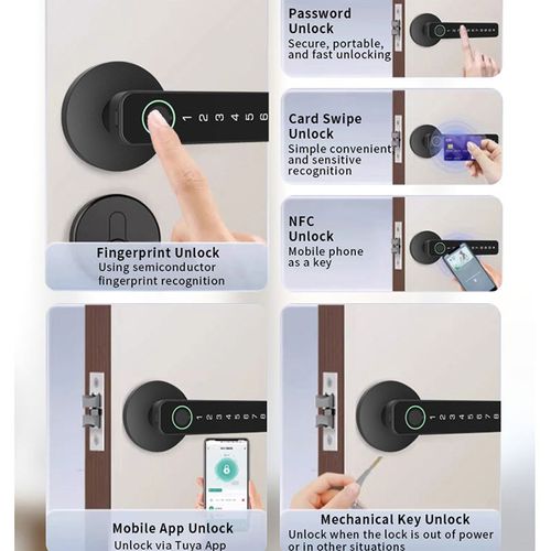 App-enabled smart fingerprint password aluminum door handle lock for offices and bedrooms.