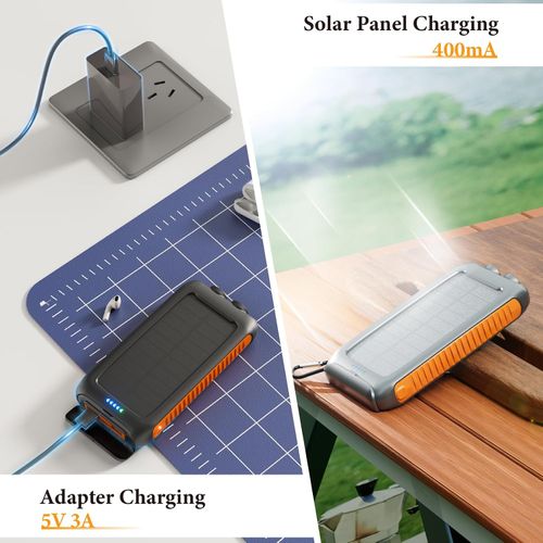 Solar Charger Power Bank  Portable Solar Phone Charger with 2 USB-A & USB-C Ports,  Dual Flashlightfor Camping, Travel & Emergency Backup