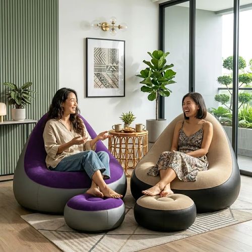 Inflatable sofa set with manual air pump, portable inflatable mattress footrest, suitable for picnics, camping, beach trips, and home use.