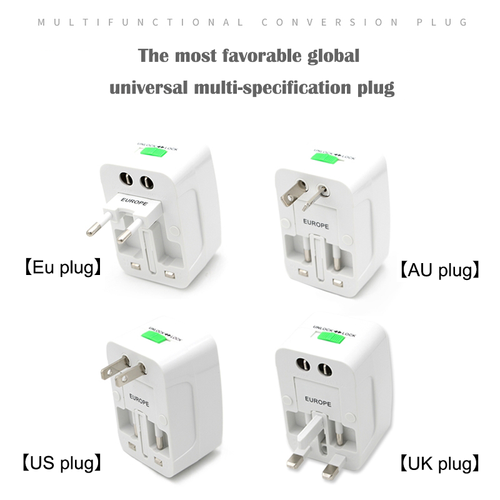 Universal international travel adapter with 2 USB-A output ports and 6A rated current electrical plug for multi-plug travel.