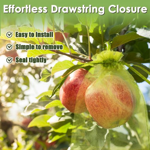 GliSun 100Pcs Fruit Protection Bags 6x9 Inch, Green Mesh Netting Cover with Drawstring Pest Barrier for Grapes Tomato Strawberry Blueberry - Garden Supplies for Vegetables & Fruit Trees